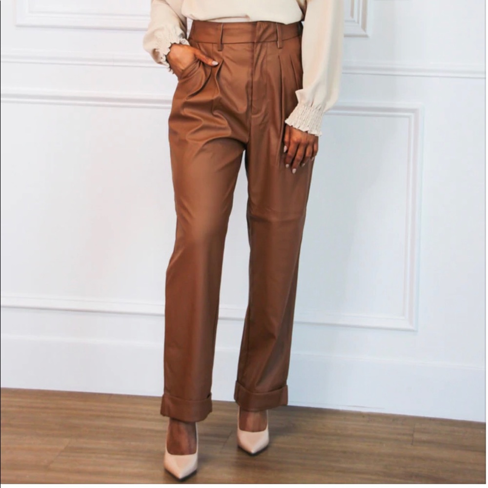 NWOT FAUX LEATHER PANTS: COGNAC